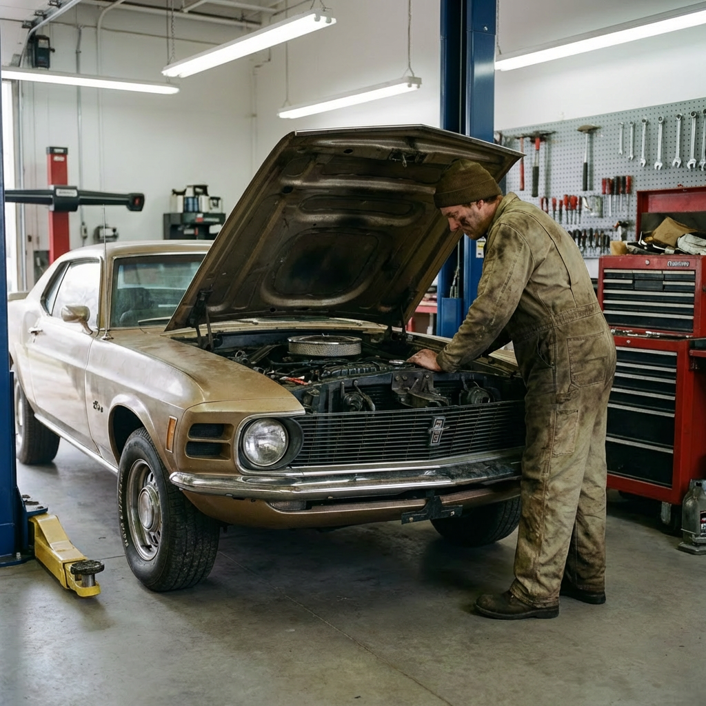 Mechanic in coveralls inspecting the engine of a classic gold Mustang in a garage.